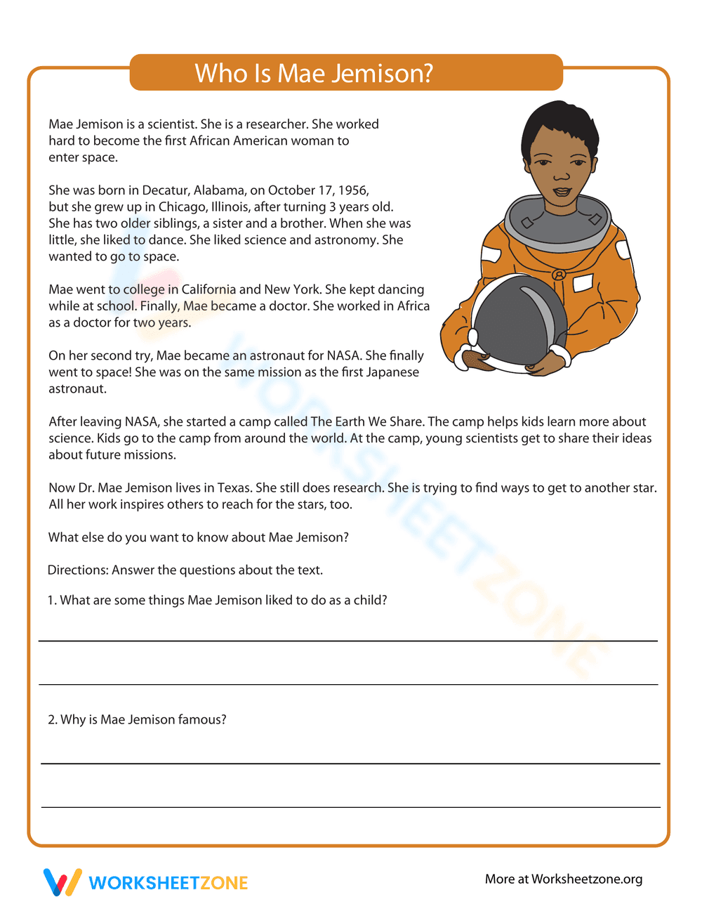 Who Is Mae Jemison? Reading Comprehension Worksheet - Page 1