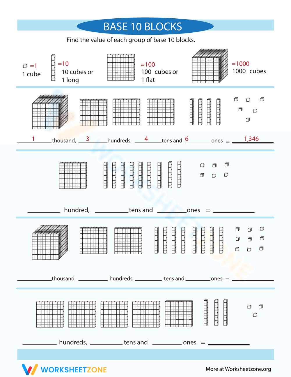 Base 10 Bonanza: Base 10 Blocks Worksheet - Page 1