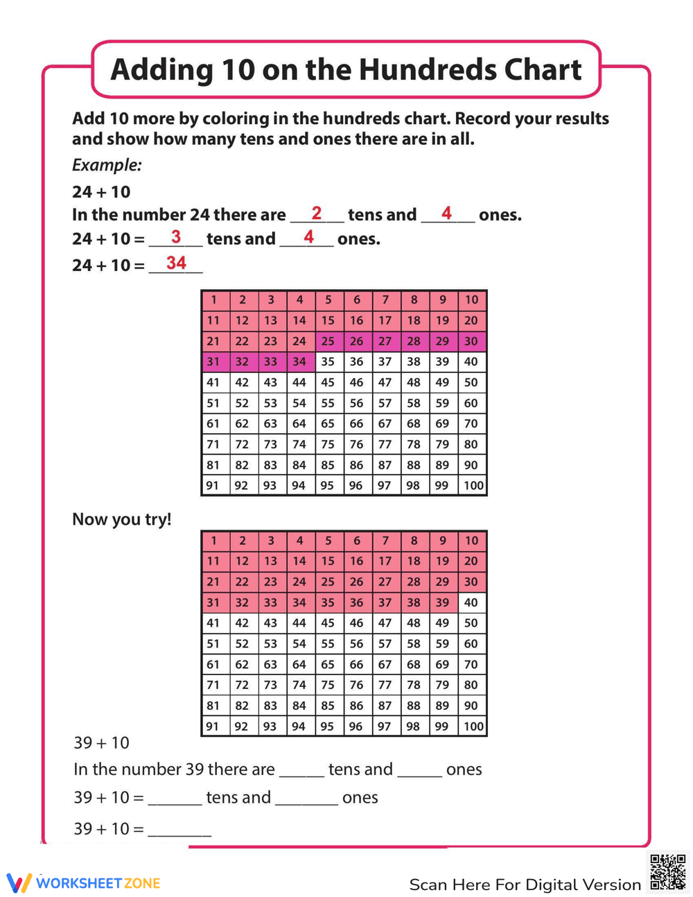 Adding 10 on a Hundreds Chart - Page 1