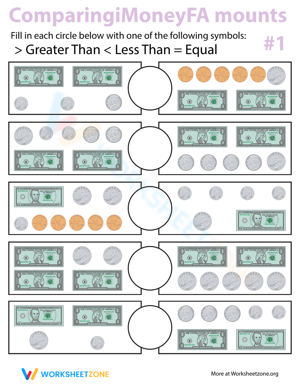 Comparing Money Amounts Worksheet - Page 1