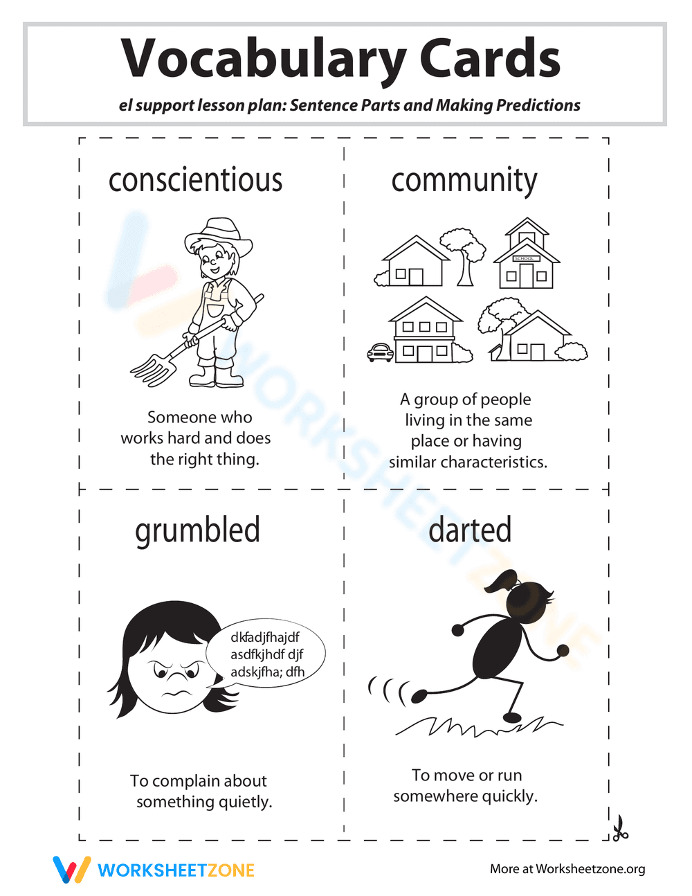 Vocabulary Cards for Sentence Parts & Predictions - Page 1