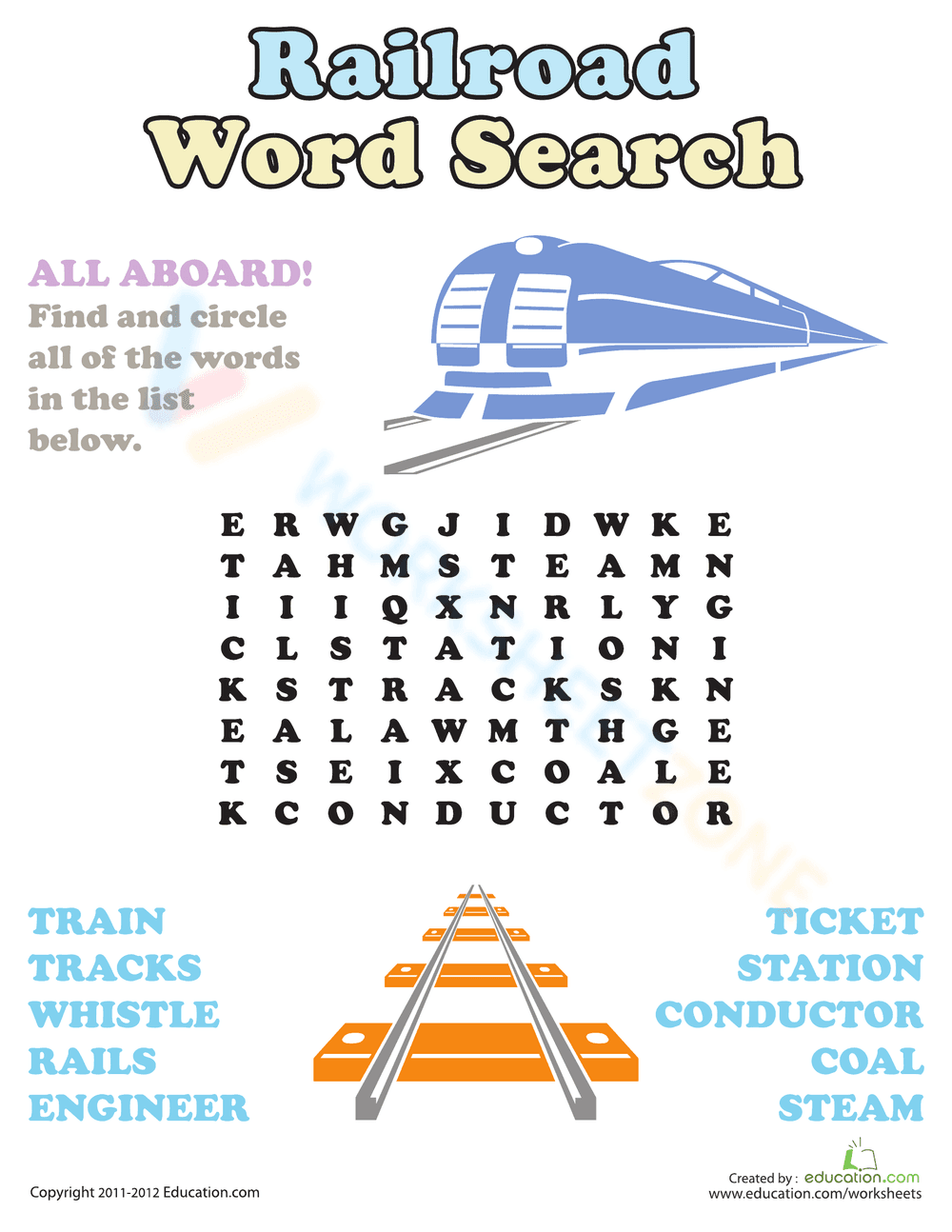 Railroad Word Search - Train Adventure Vocabulary Puzzle for Kids - Page 1