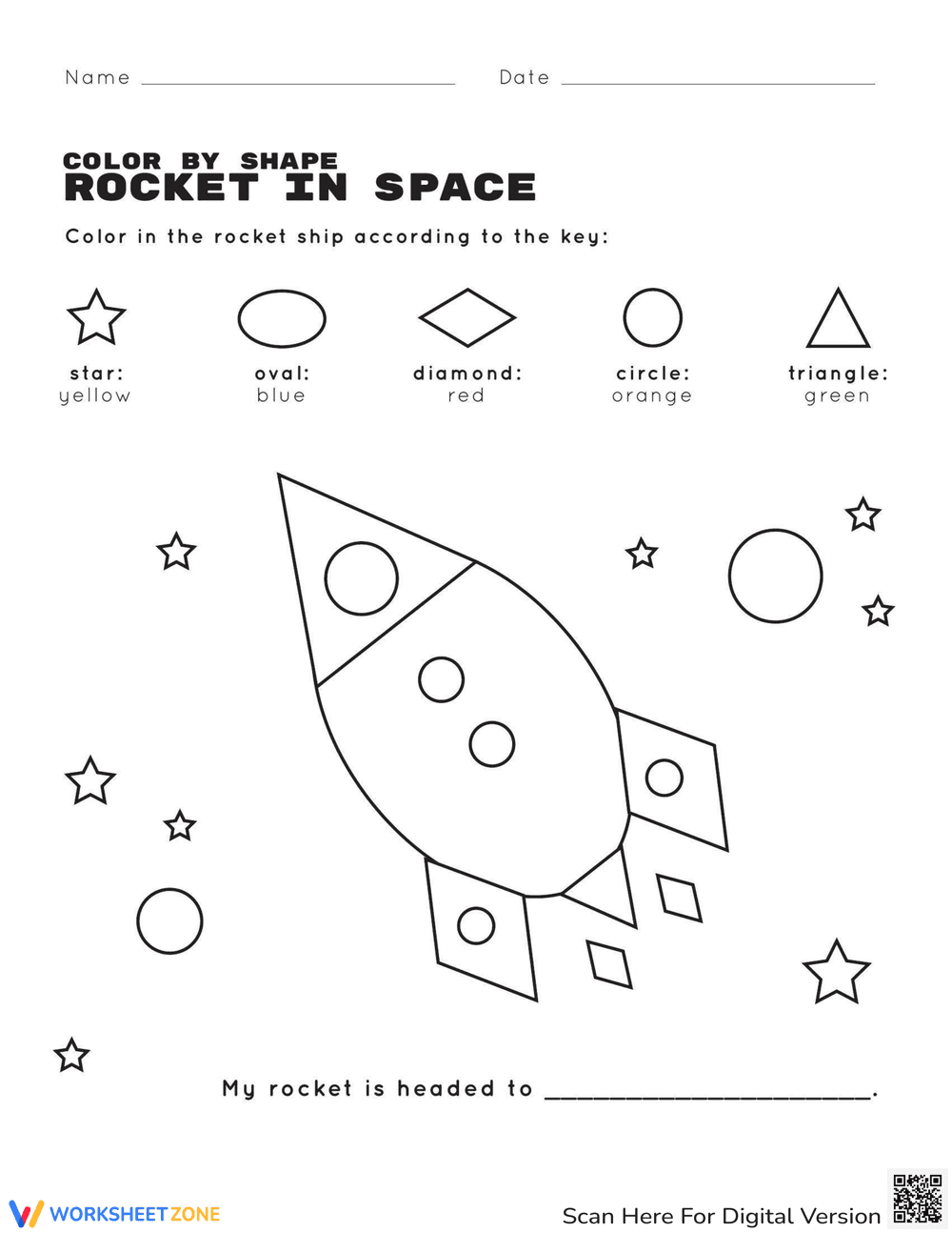 Color the Shapes: Rocket in Space - Page 1