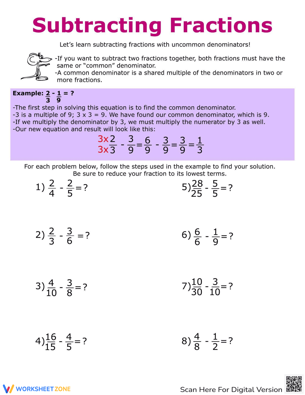 How to Subtract Fractions Practice - Page 2