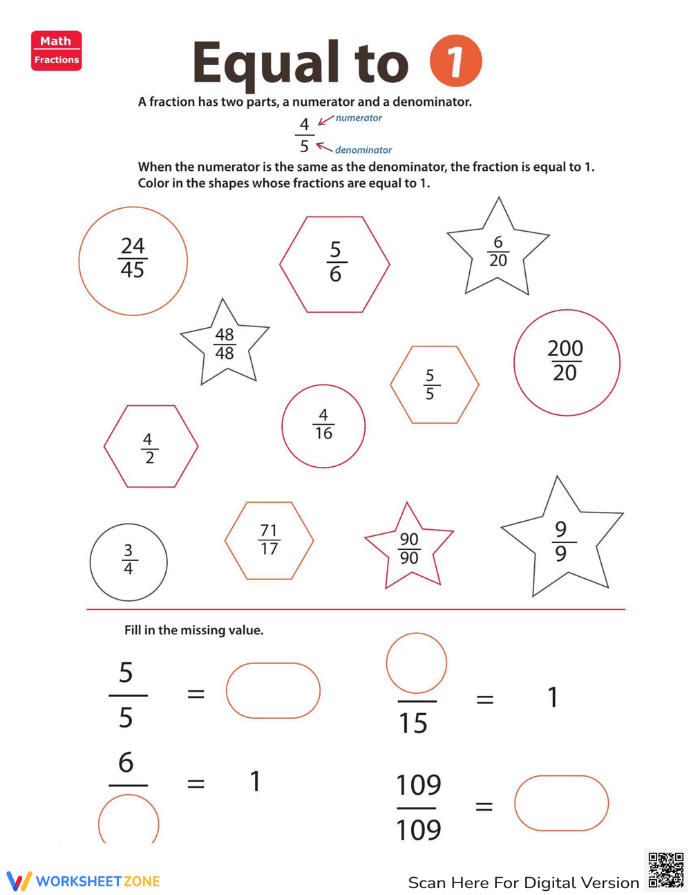 Fraction Practice: Identifying Equal to 1 - Page 1