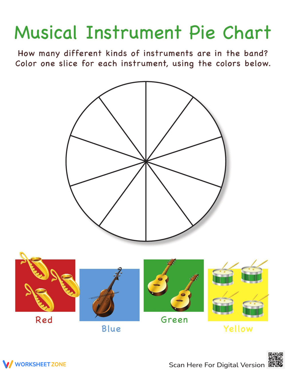 Musical Instruments Pie Chart Worksheet - Page 1