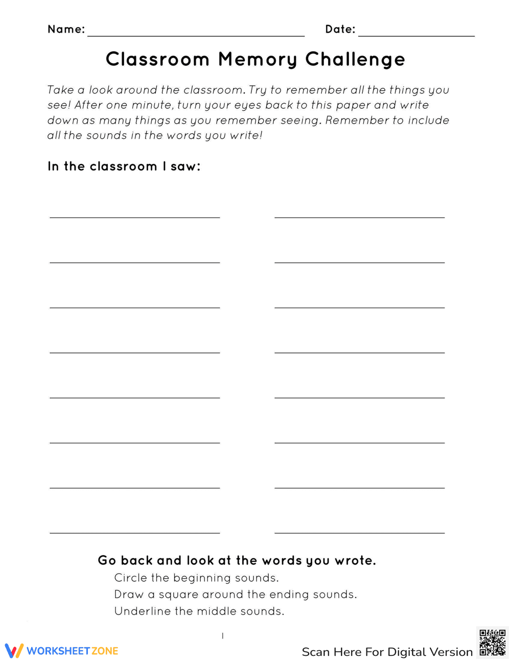 Classroom Memory Challenge Worksheet - Page 1