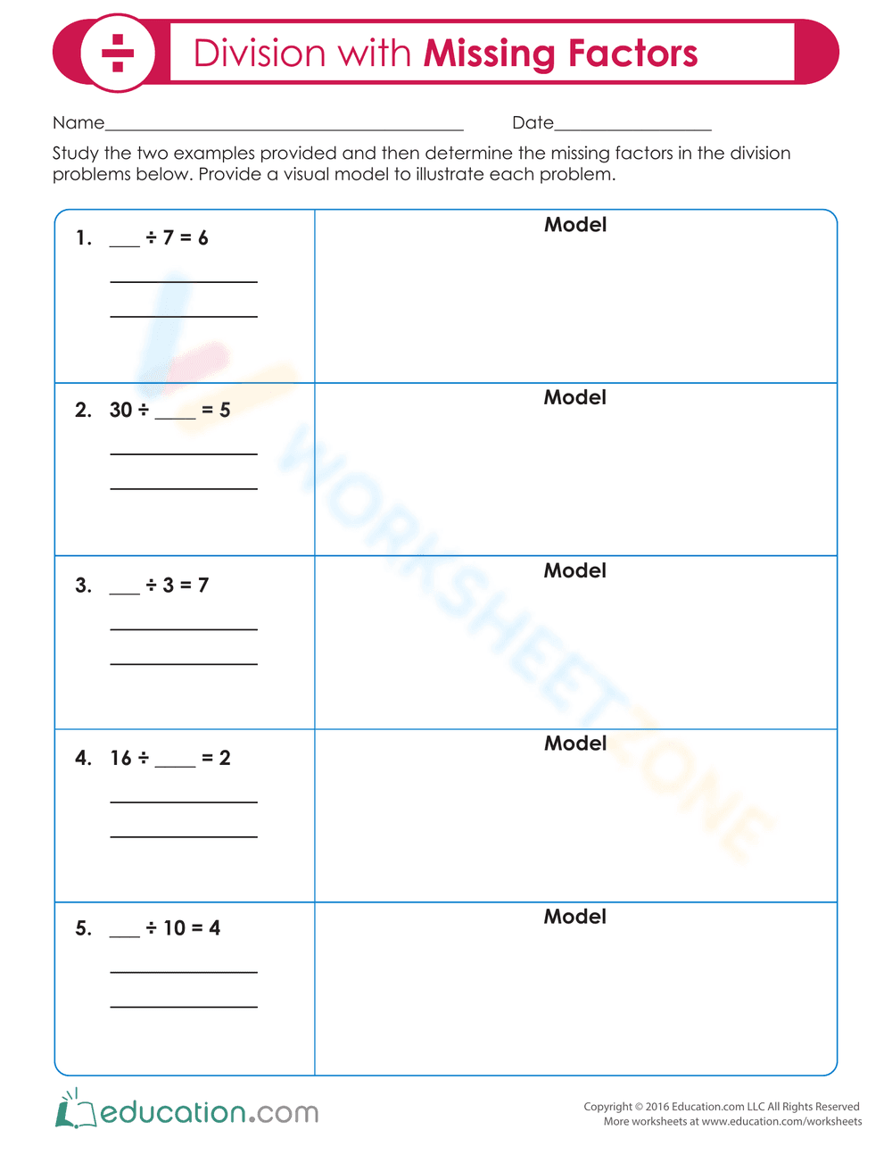 Division with Missing Factors Worksheet - Page 2