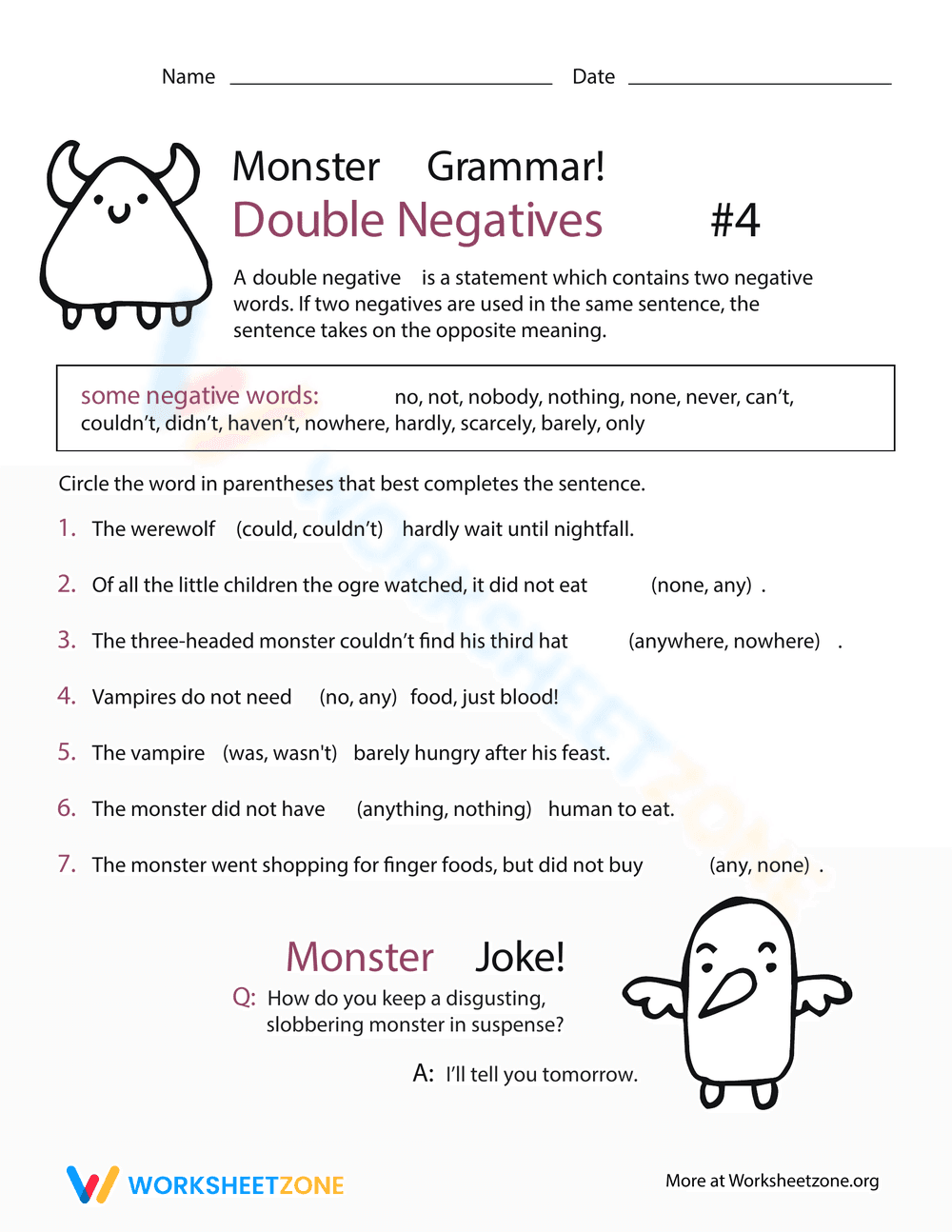 Understanding Double Negatives Worksheet - Page 1