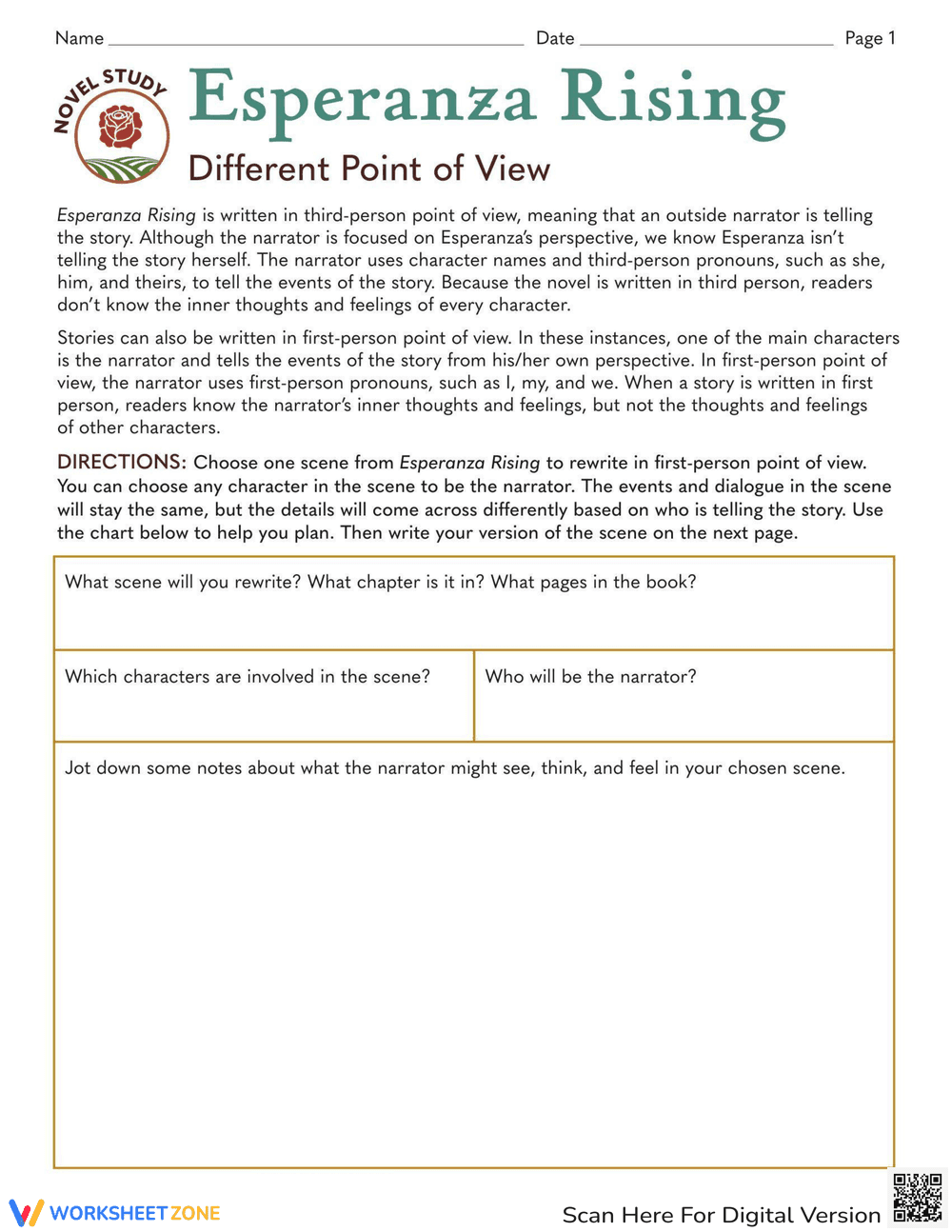 Novel Study: Esperanza Rising - Different Points of View - Page 1