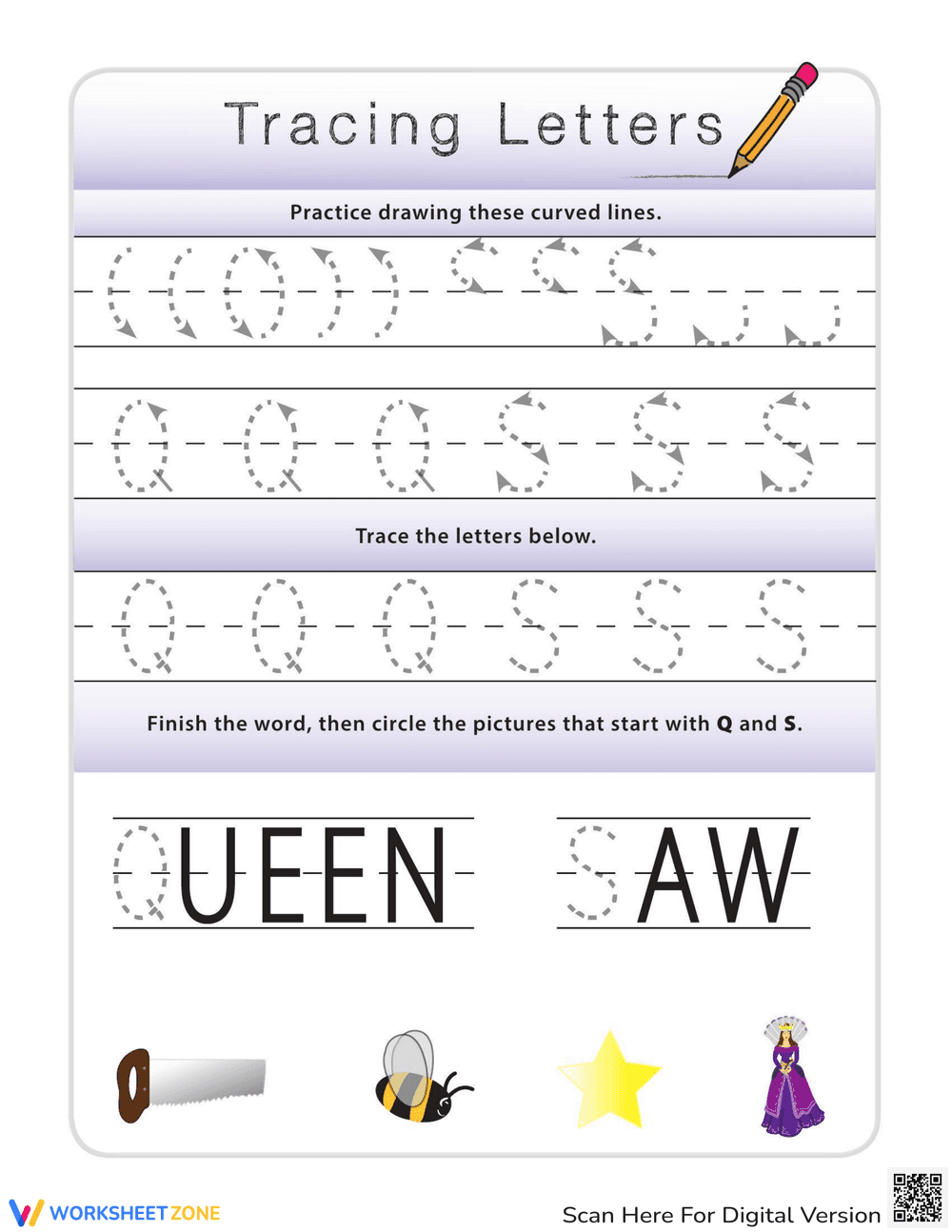 Tracing Letters: Learn with Q and S Worksheet - Page 1