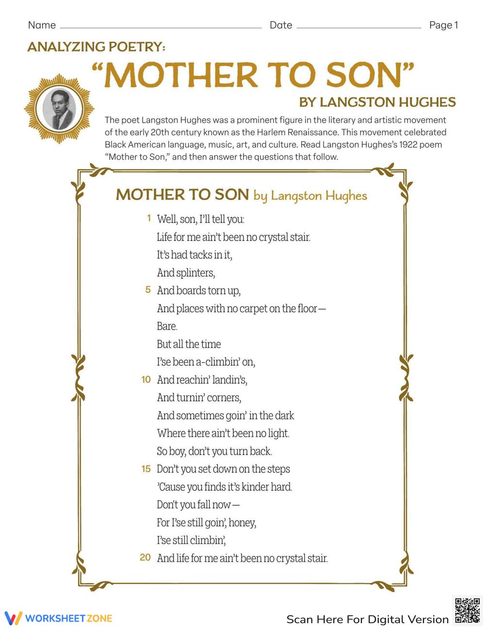 Analyzing 'Mother to Son' by Langston Hughes - Page 1