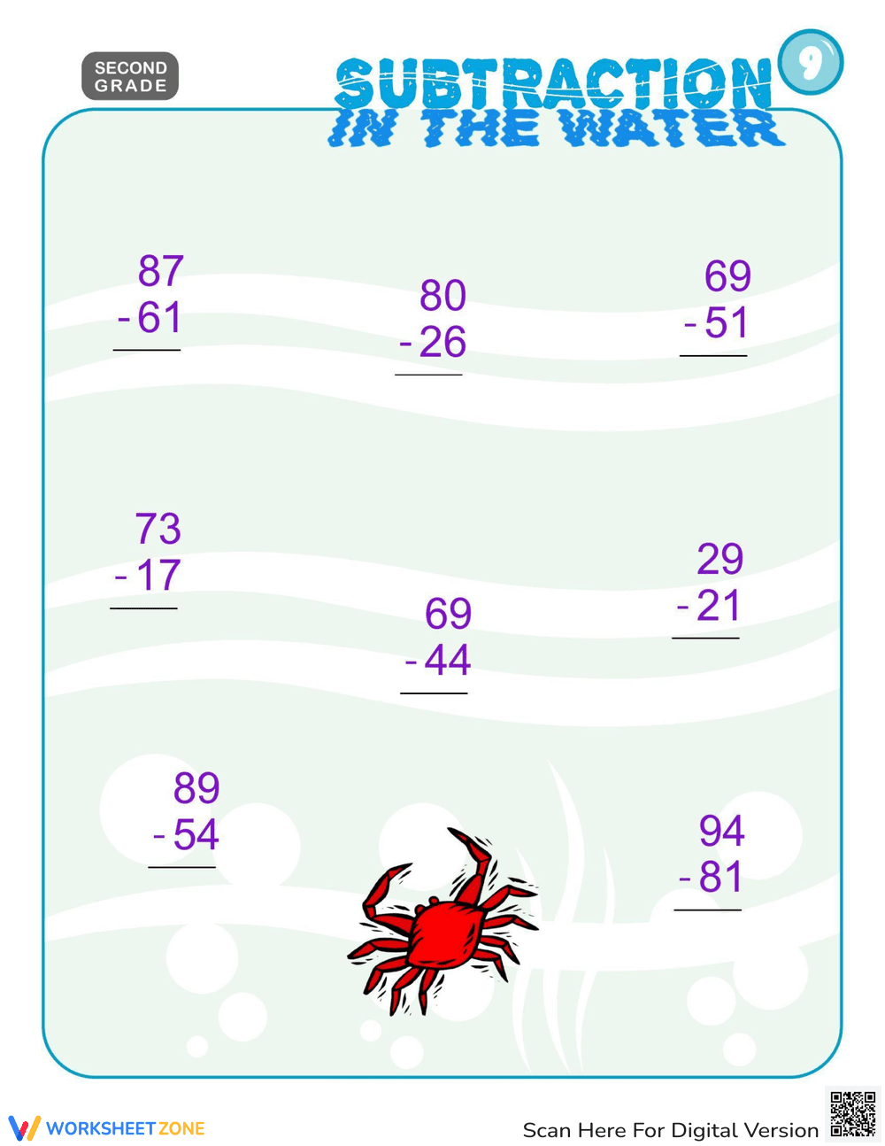 Underwater Subtraction: Subtracting Practice - Page 1
