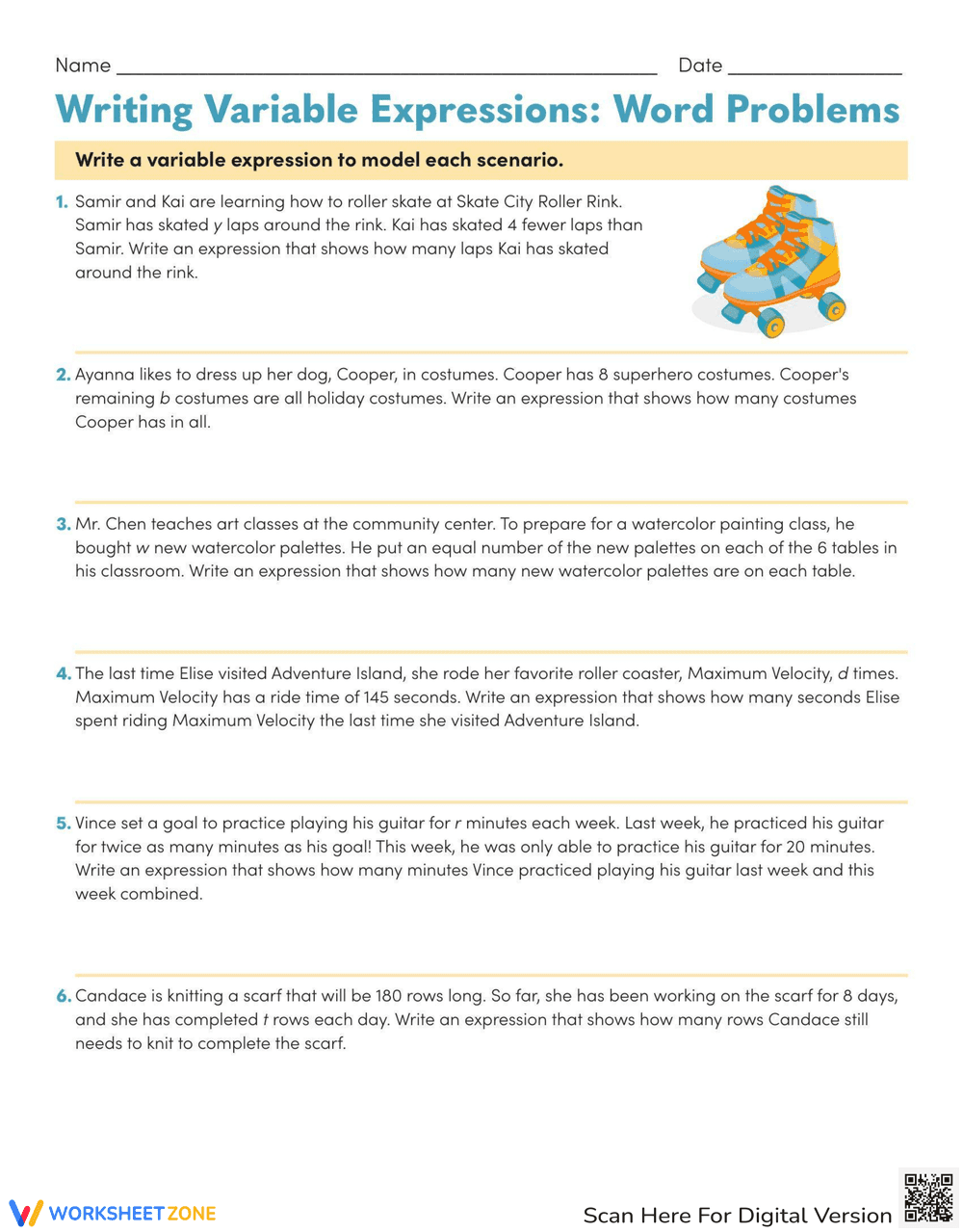 Writing Variable Expressions from Word Problems - Page 1