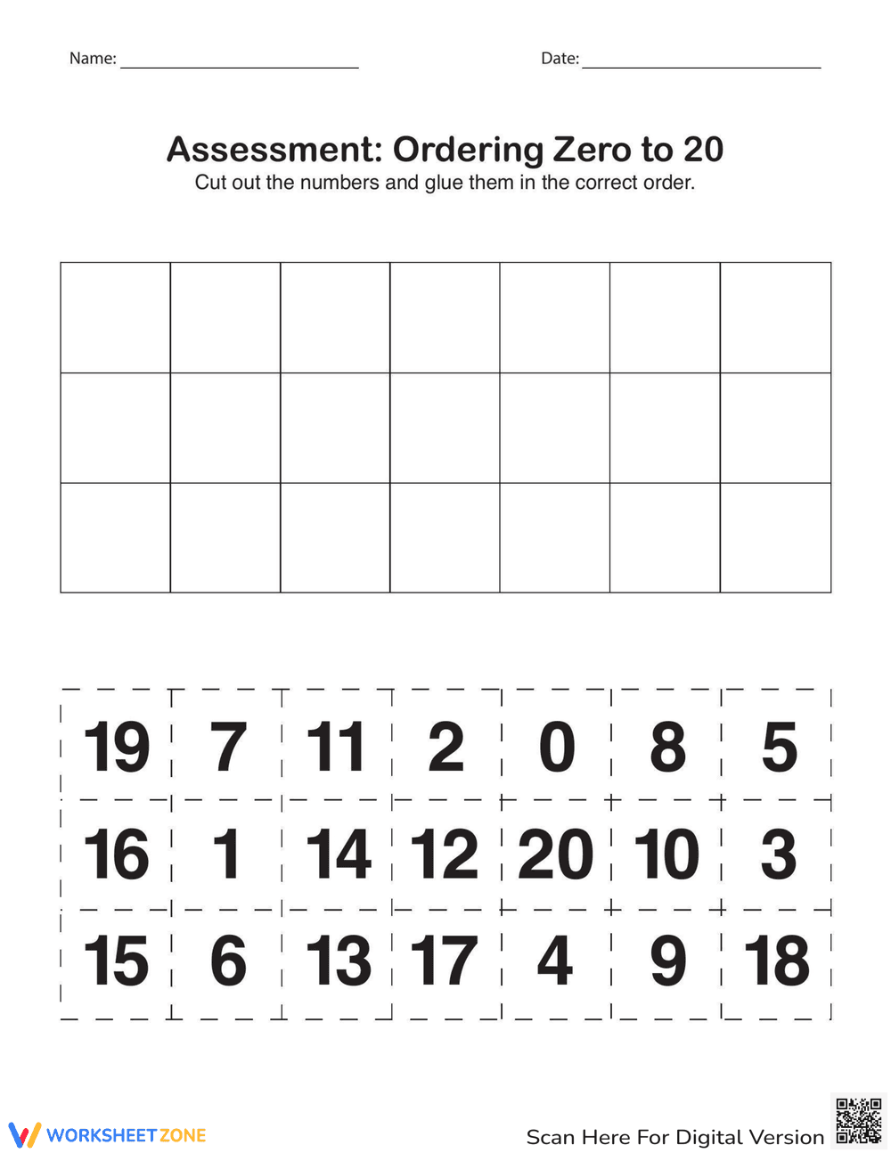 Ordering Numbers 0-20: A Math Assessment - Page 1