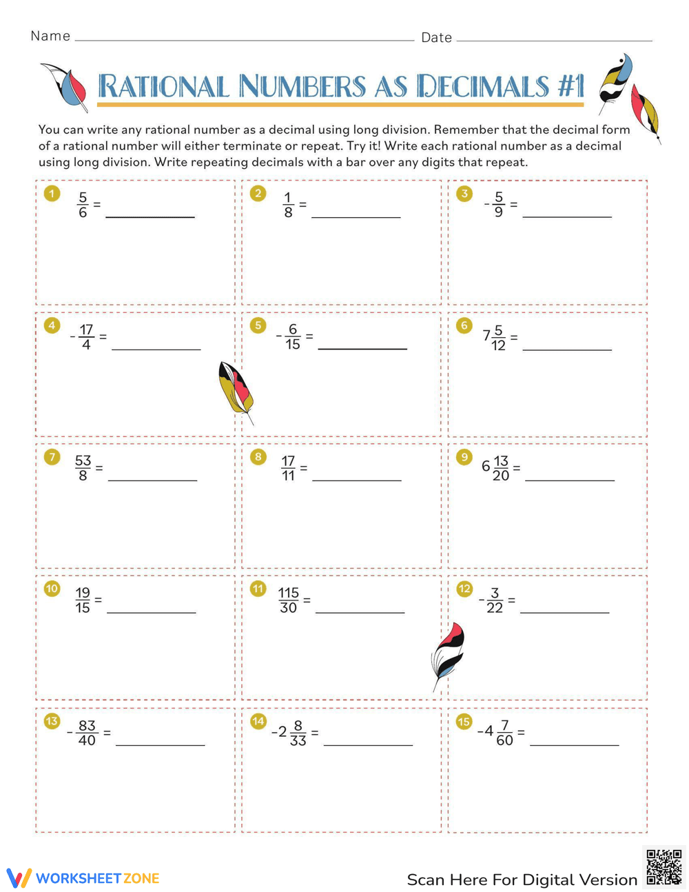 Rational Numbers as Decimals Worksheet - Page 1