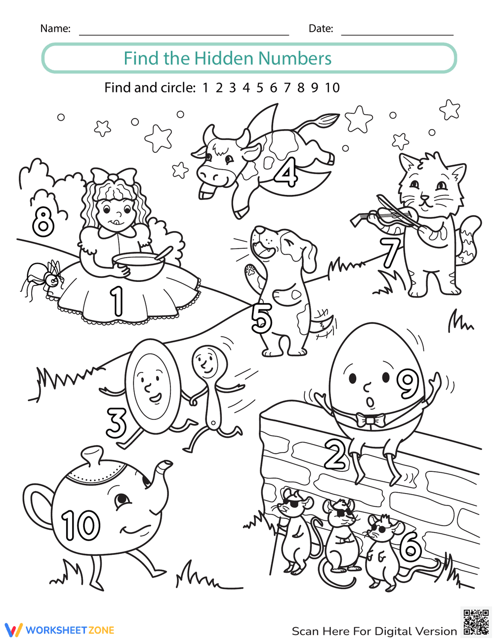 Find Nursery Rhyme Numbers Worksheet - Page 1