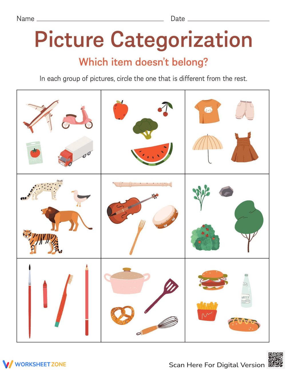 Picture Categorization Worksheet - Page 1