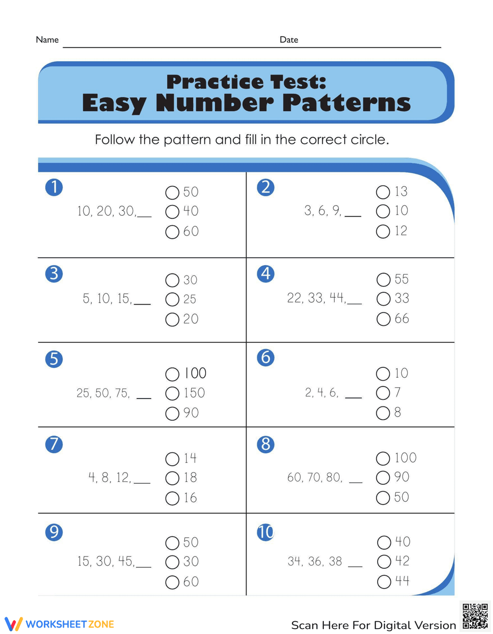 Practice Test for Easy Number Patterns - Page 1