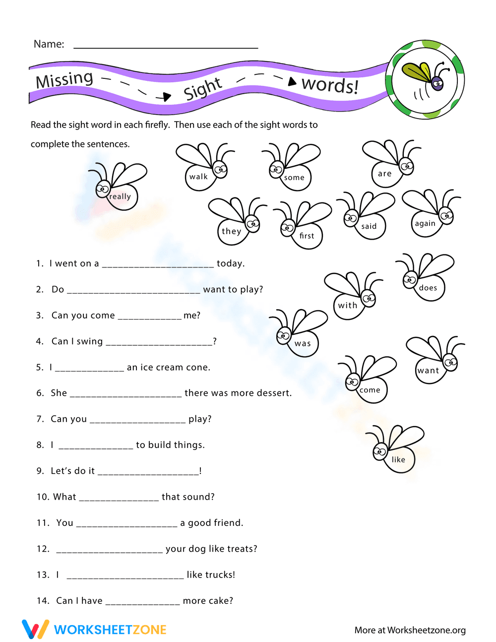 Missing Sight Words Worksheet - Page 1