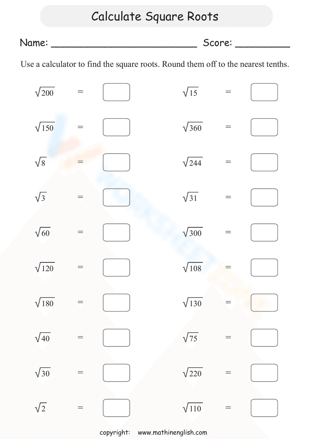 Calculate Square Roots - Page 1
