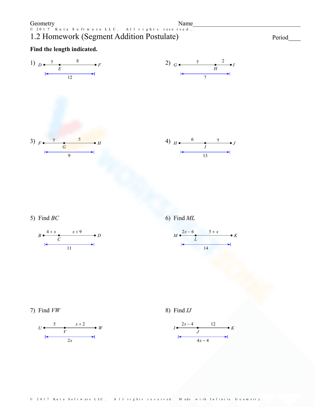 Segment Addition Postulate Geometry Worksheet - Page 1