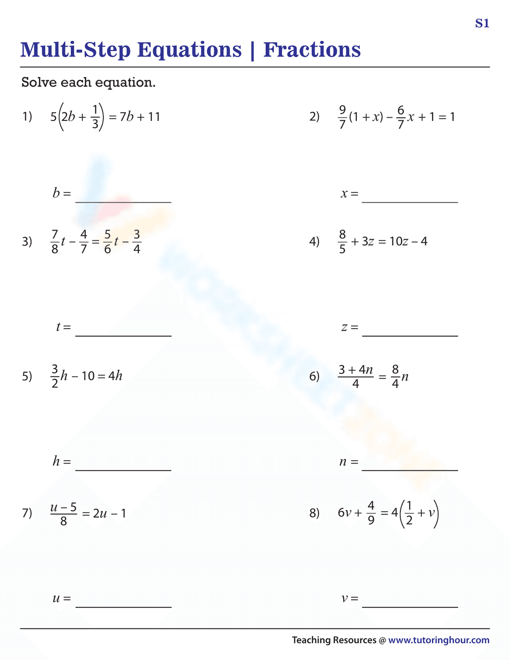 Multi-Step Equations with Fractions Worksheet - Page 1