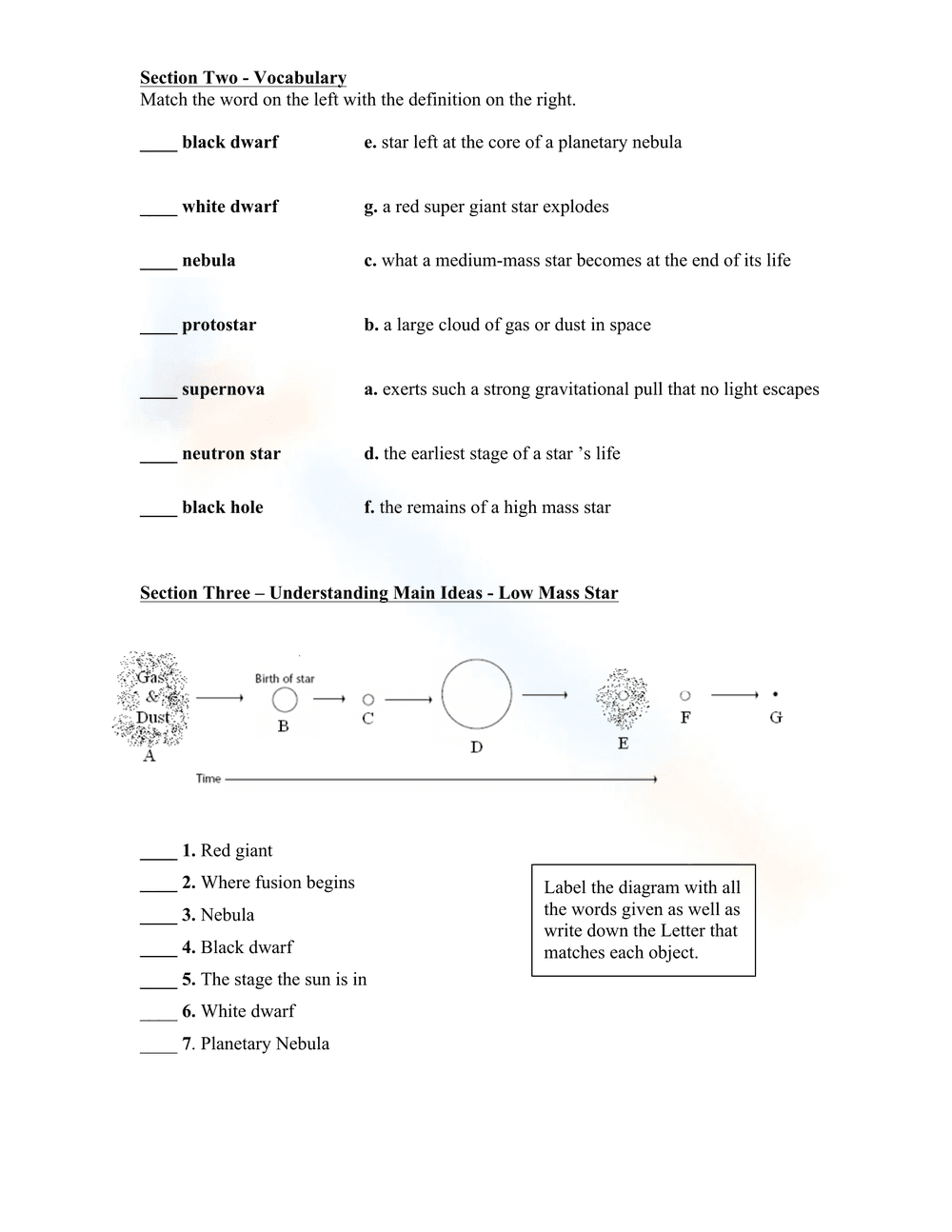 Life Cycle of a Star Review Worksheet - Page 3