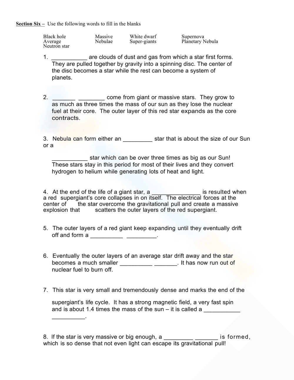 Life Cycle of a Star Review Worksheet - Page 5