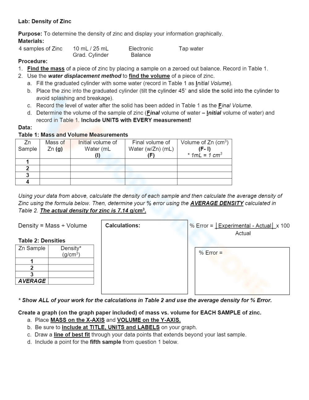 Lab: Determining Density of Zinc Worksheet - Page 1