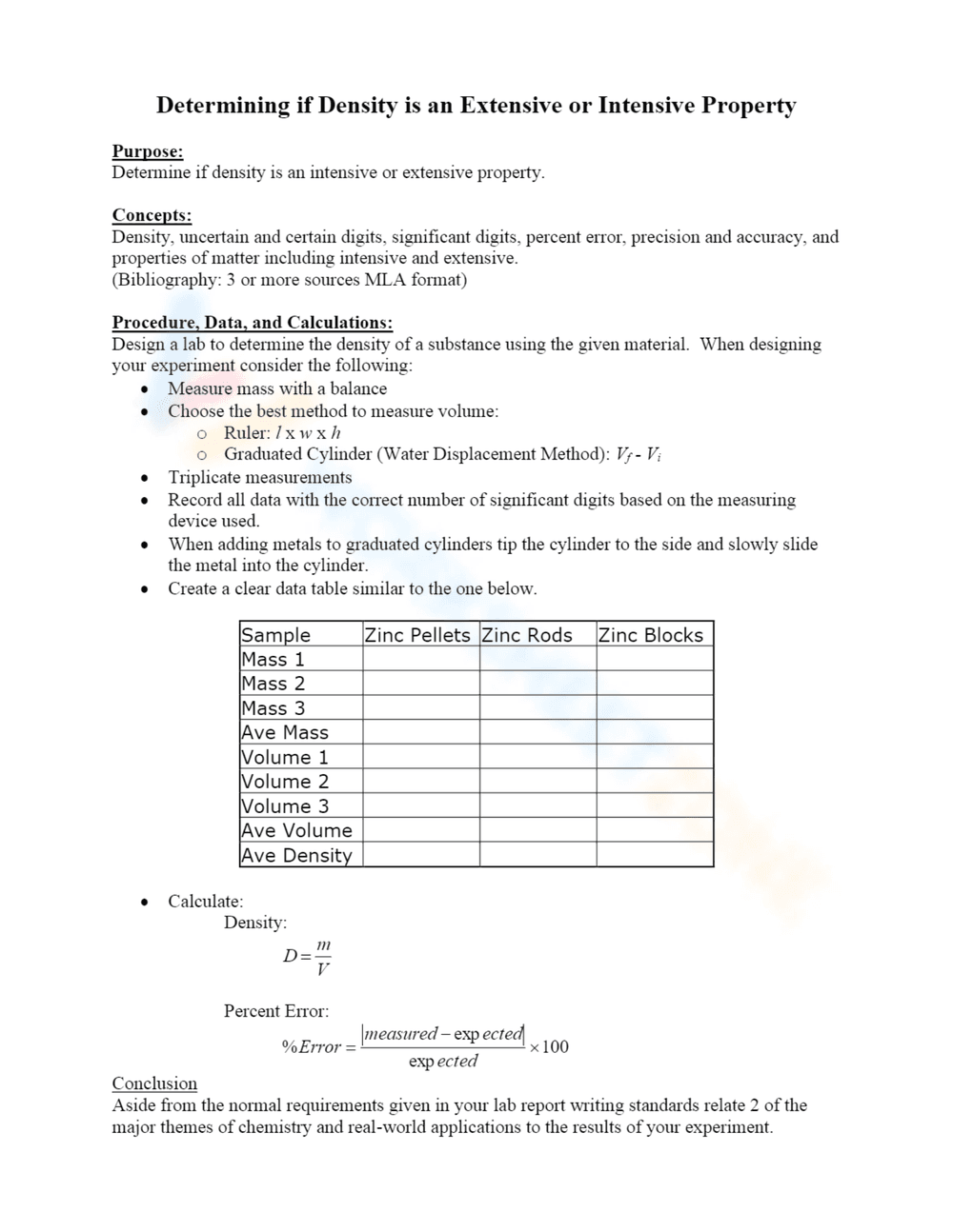 Density: Extensive vs. Intensive Properties Worksheet - Page 1