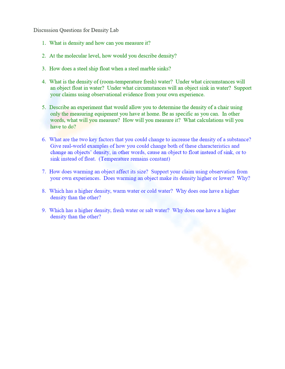 Density: Extensive vs. Intensive Properties Worksheet - Page 2