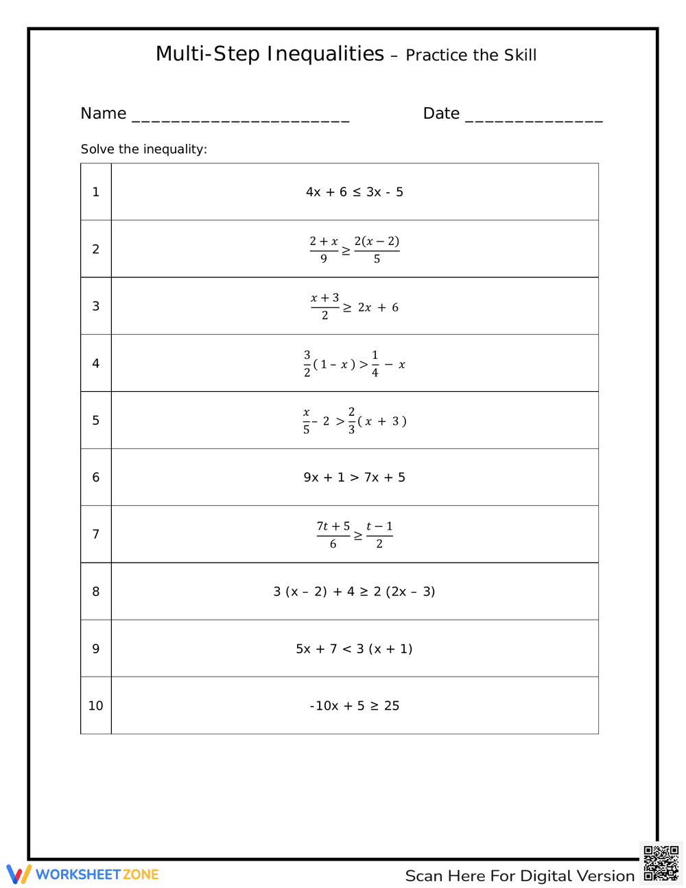Multi-Step Inequalities Worksheet - Page 1