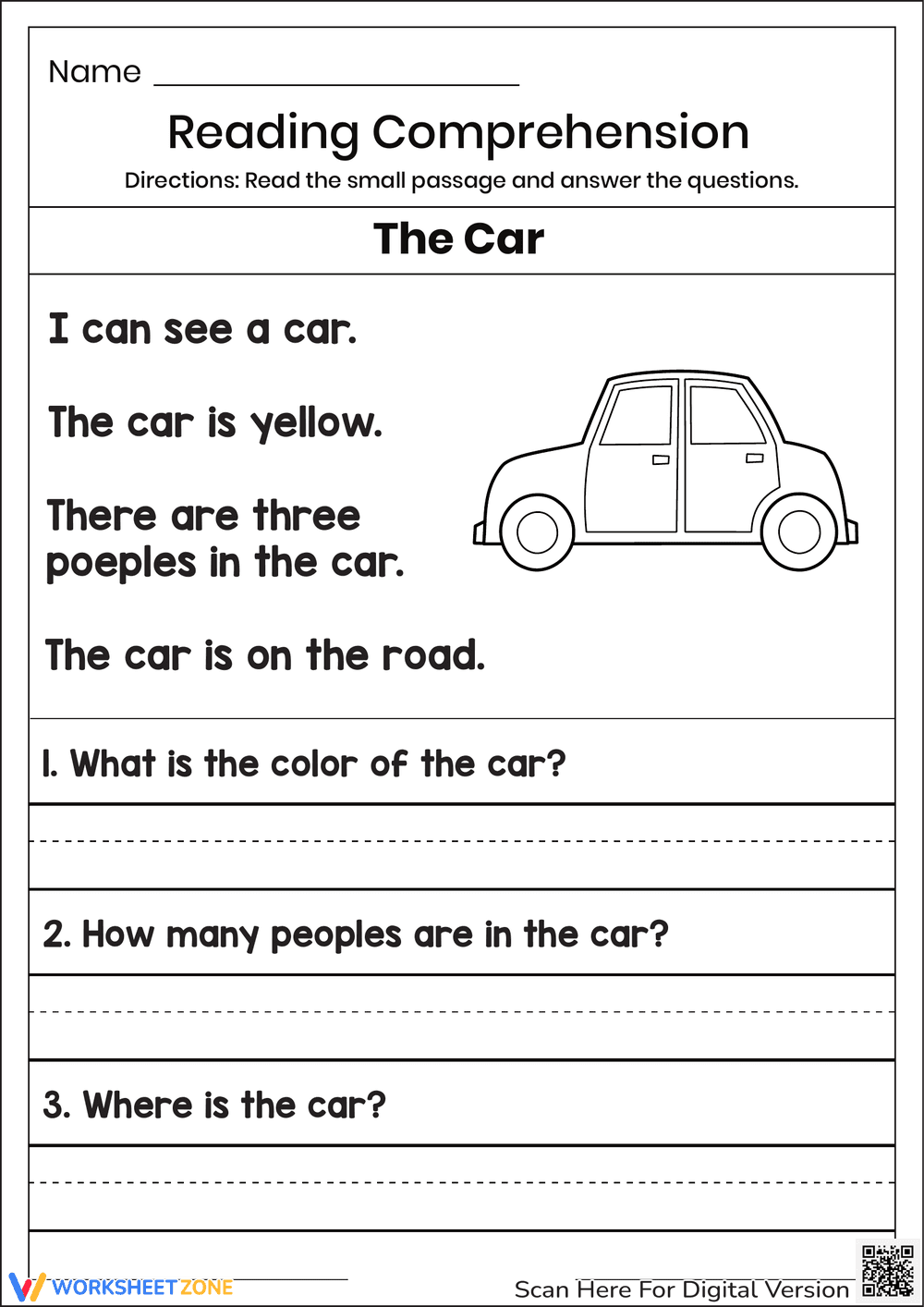 Car Reading Comprehension Worksheet for Kids - Page 1