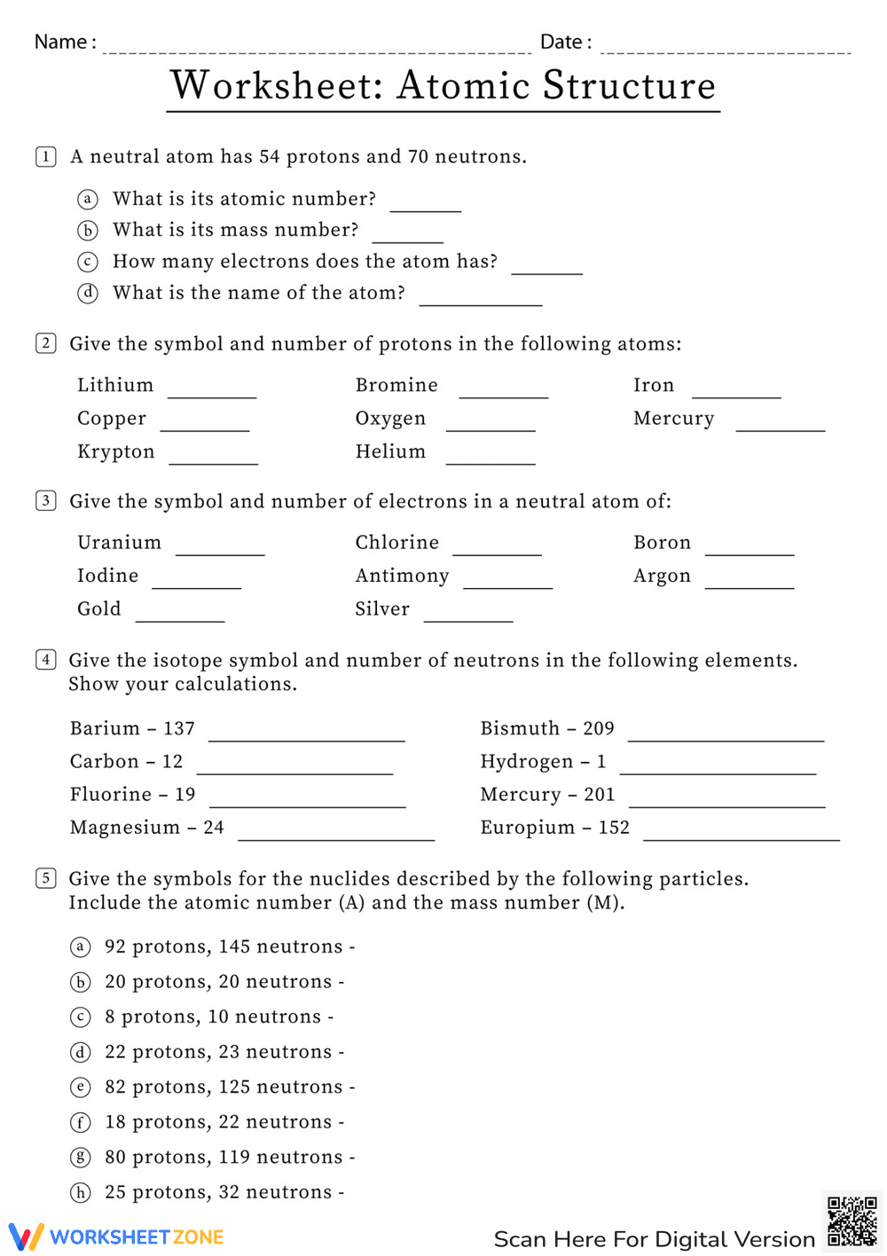 Worksheet: Atomic Structure Practice - Page 1