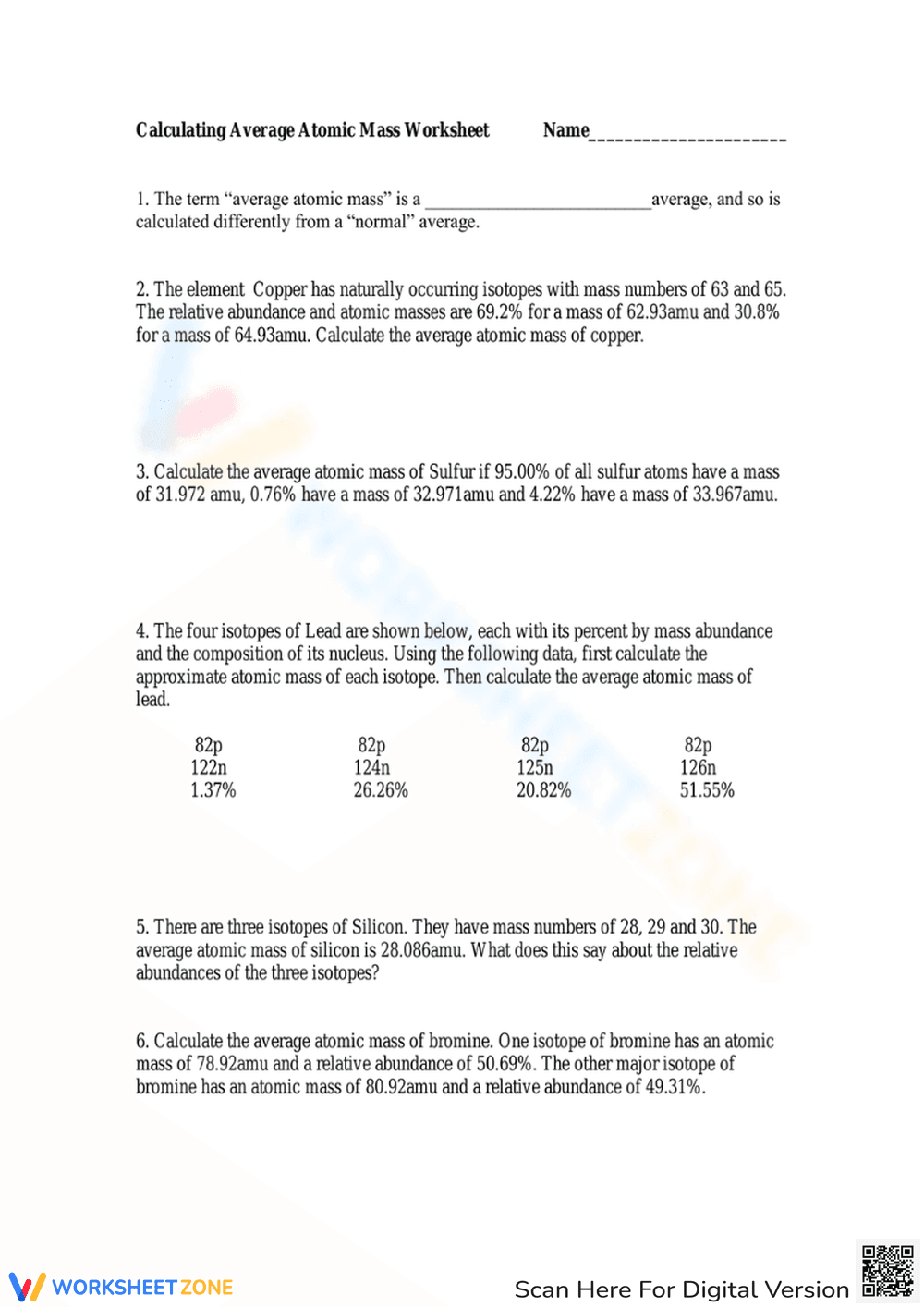 Calculating Average Atomic Mass: Chemistry Worksheet - Page 1