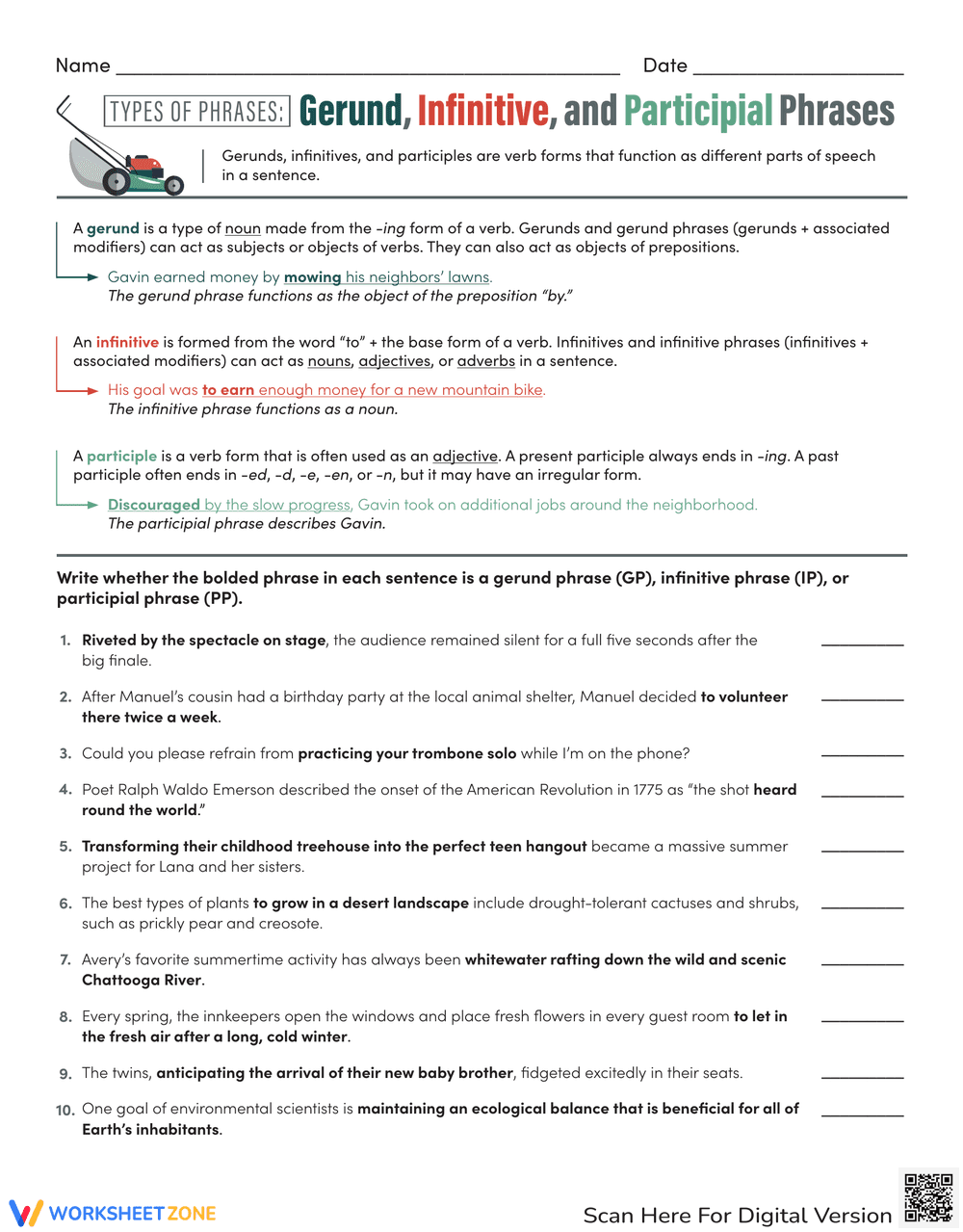 Types of Phrases: Gerund, Infinitive, Participial Worksheet - Page 1