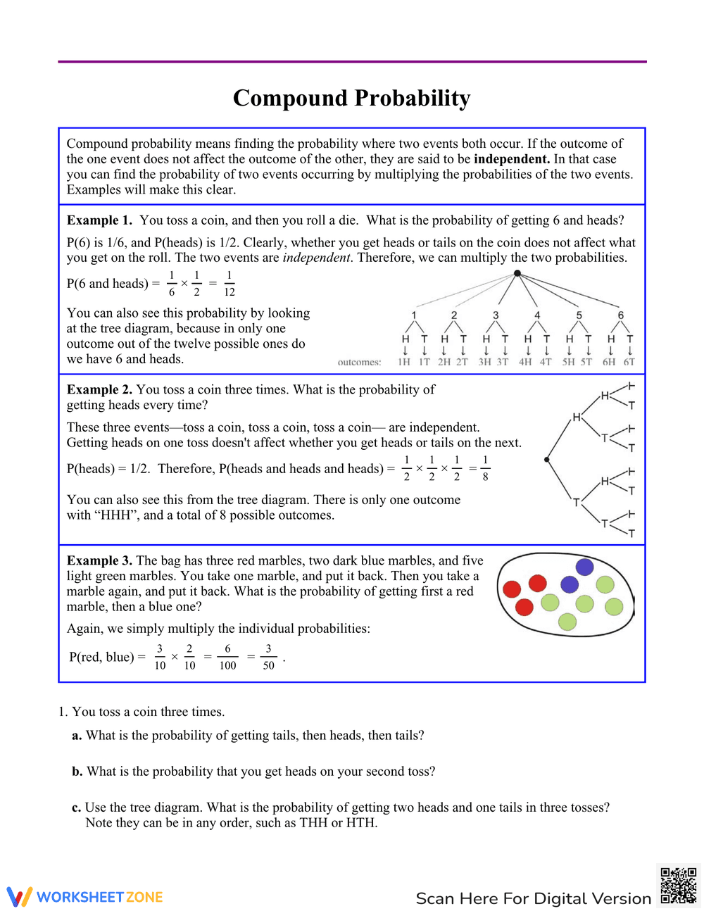 Compound Probability Math Worksheet - Page 1