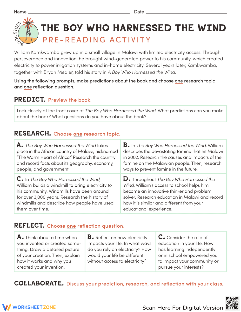 The Boy Who Harnessed the Wind Worksheet - Page 1