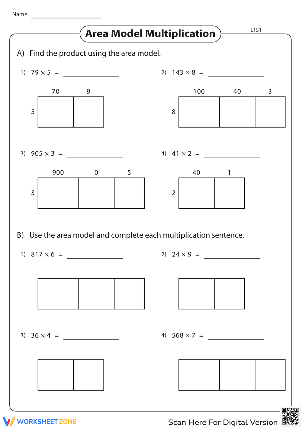 Multiplication Using Box Method Practice Sheet - Page 1