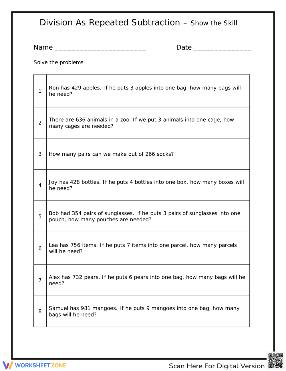 Solve Problems Using Repeated Subtraction - Page 1