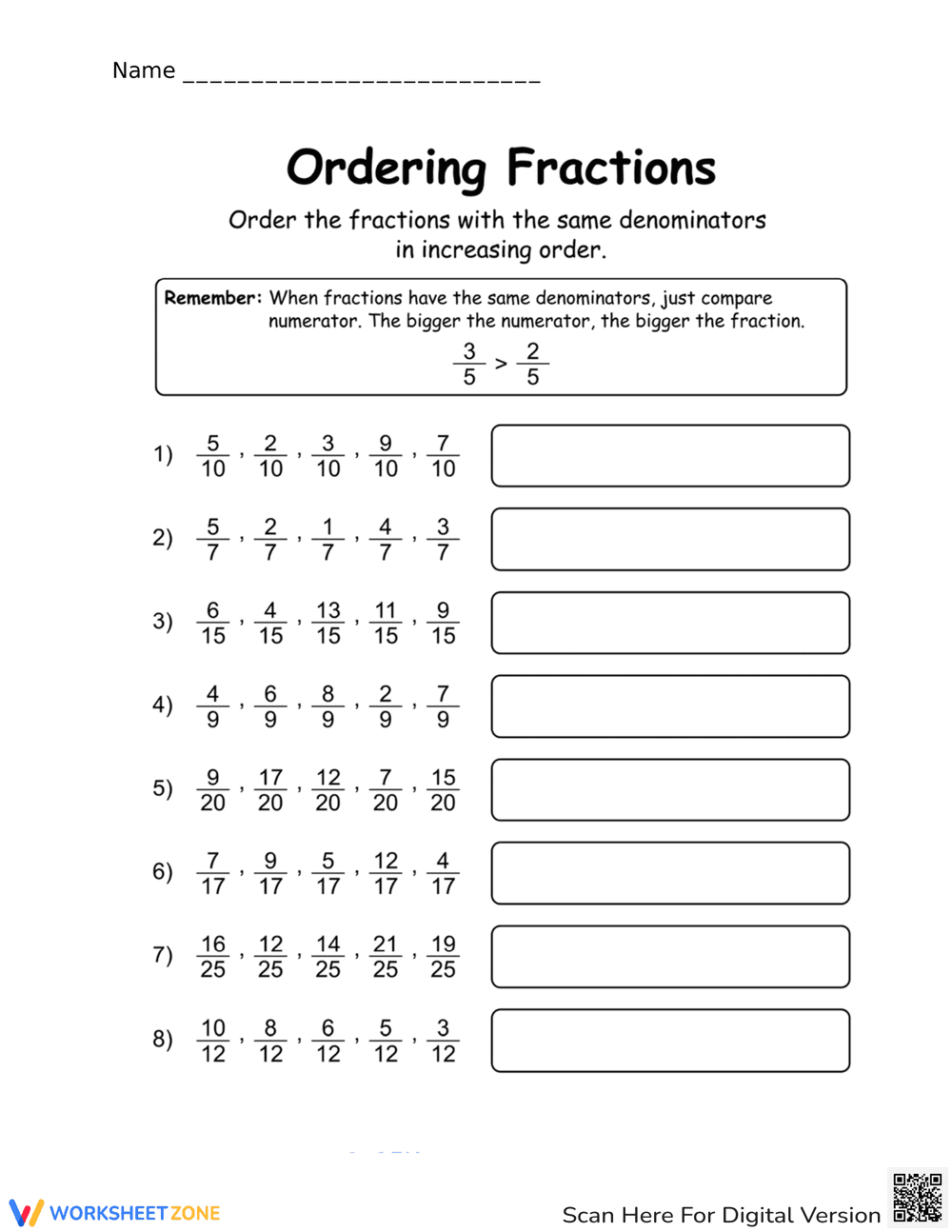 Ordering Fractions Practice Sheet - Page 1
