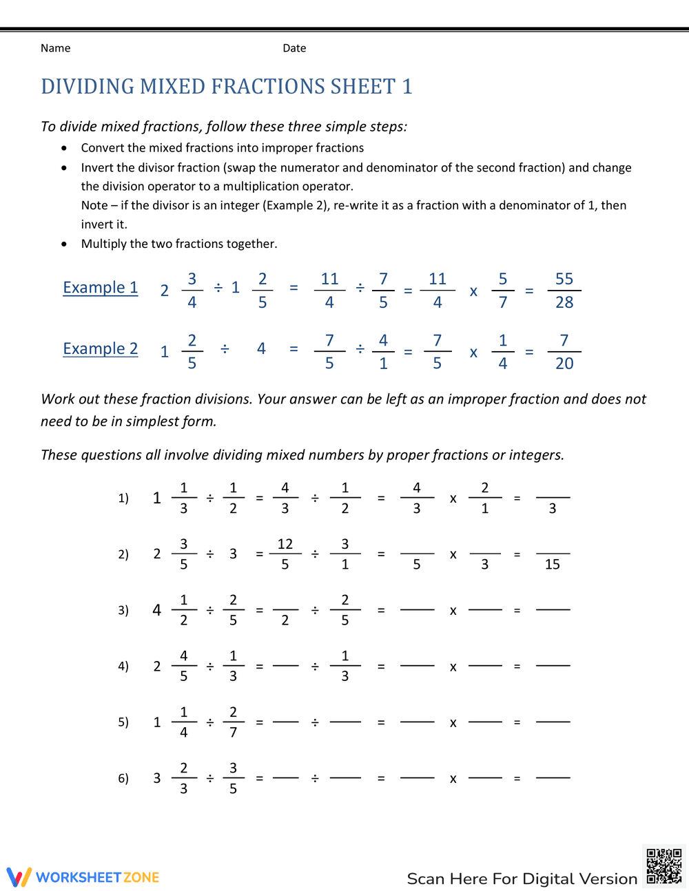 Dividing Mixed Fractions 1 - Page 1