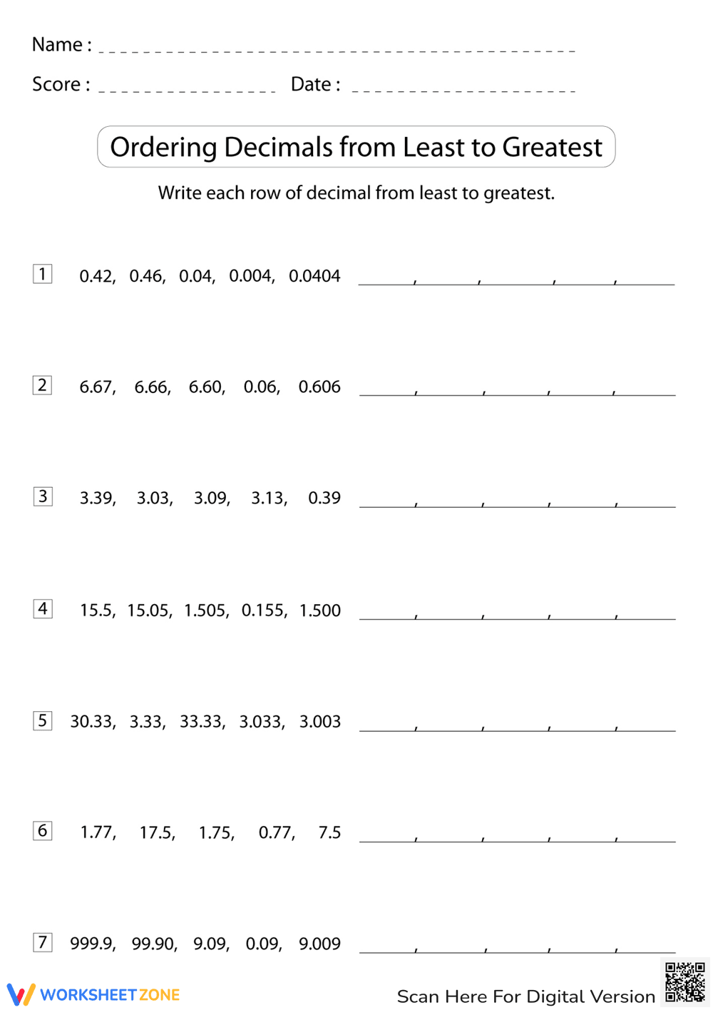 Ordering Decimals from Least to Greatest - Page 1