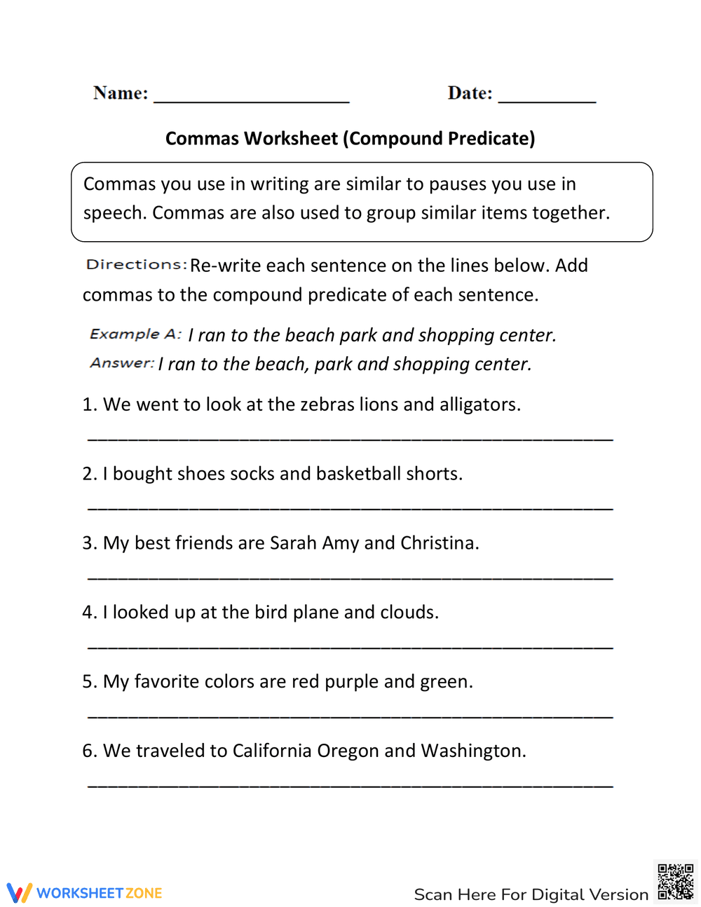 Commas in Compound Predicate Worksheet - Page 1