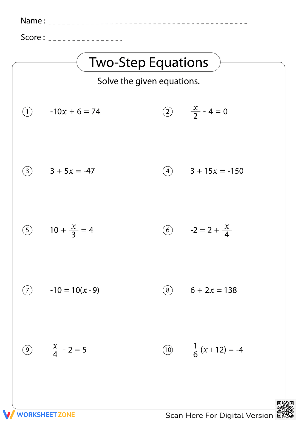 Two-Step Equations - Page 1
