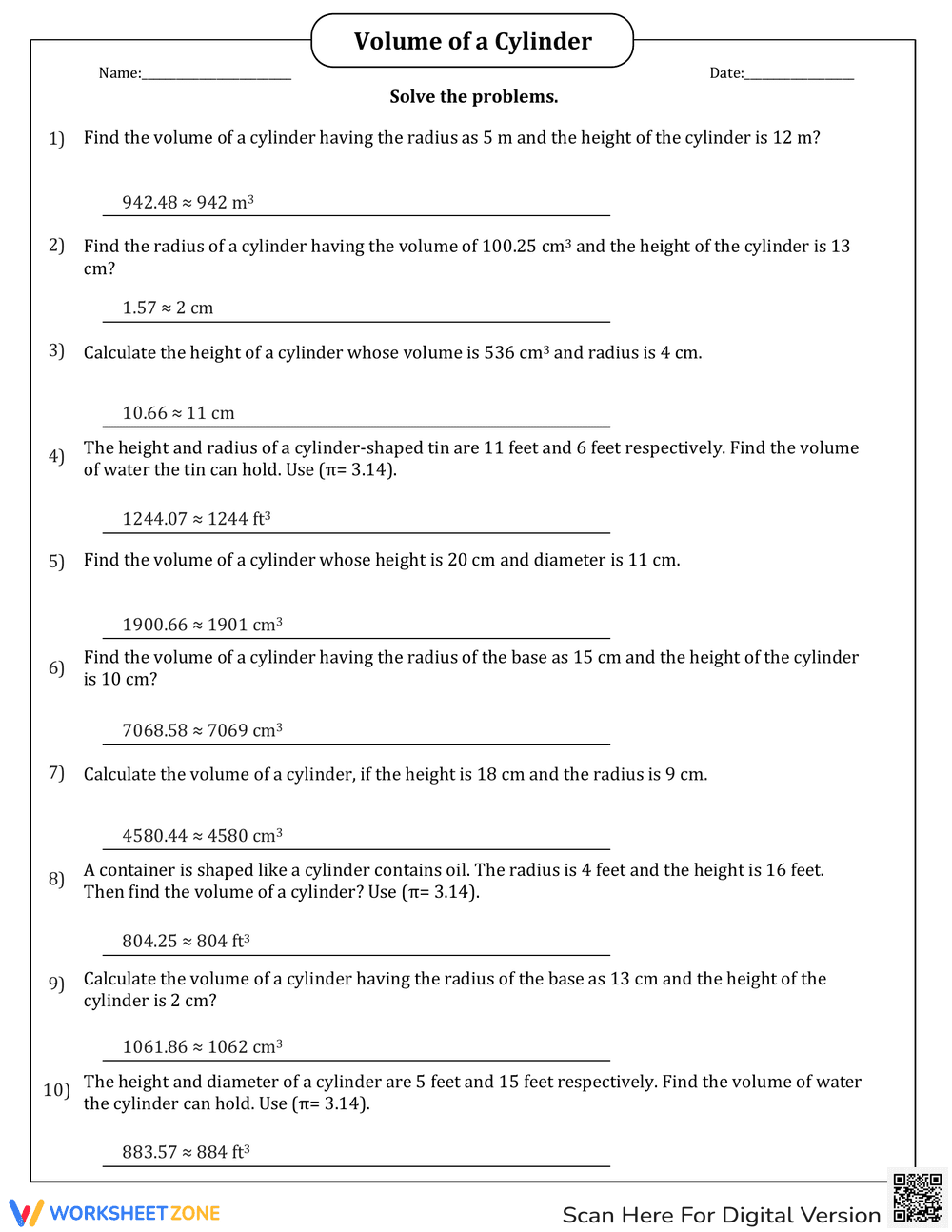 Find the Volume of a Cylinder in Word Problems - Page 2
