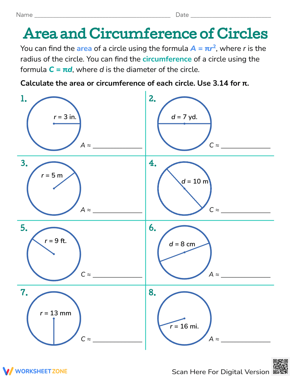 Area and Circumference of Circles - Page 1