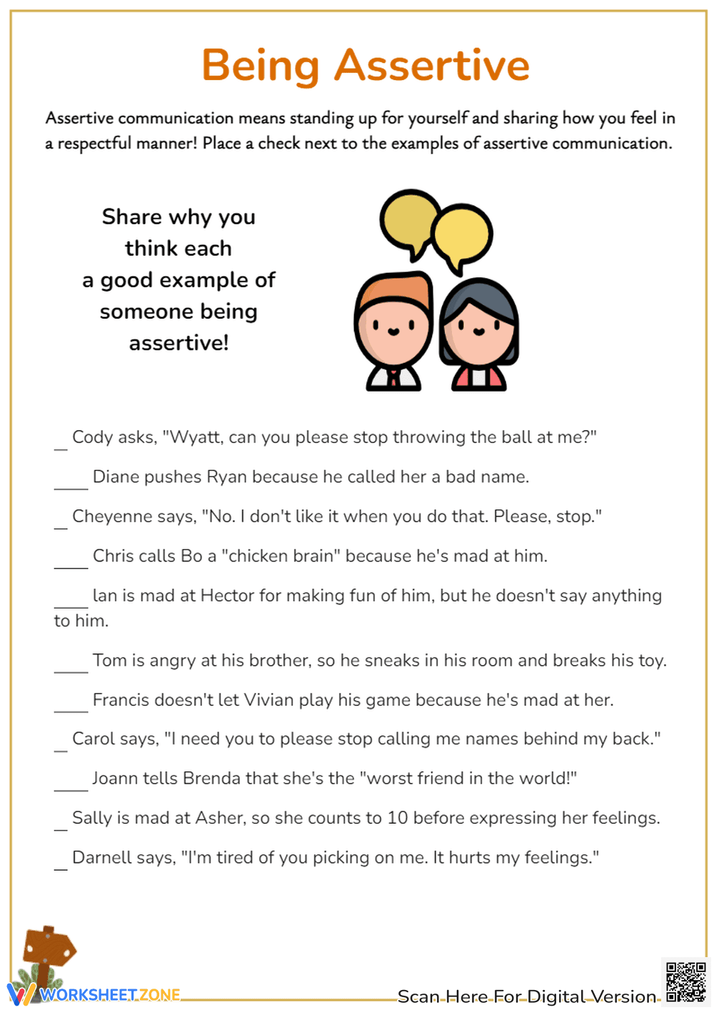 Assertive Communication Scenarios - Social Skills Worksheet - Page 1