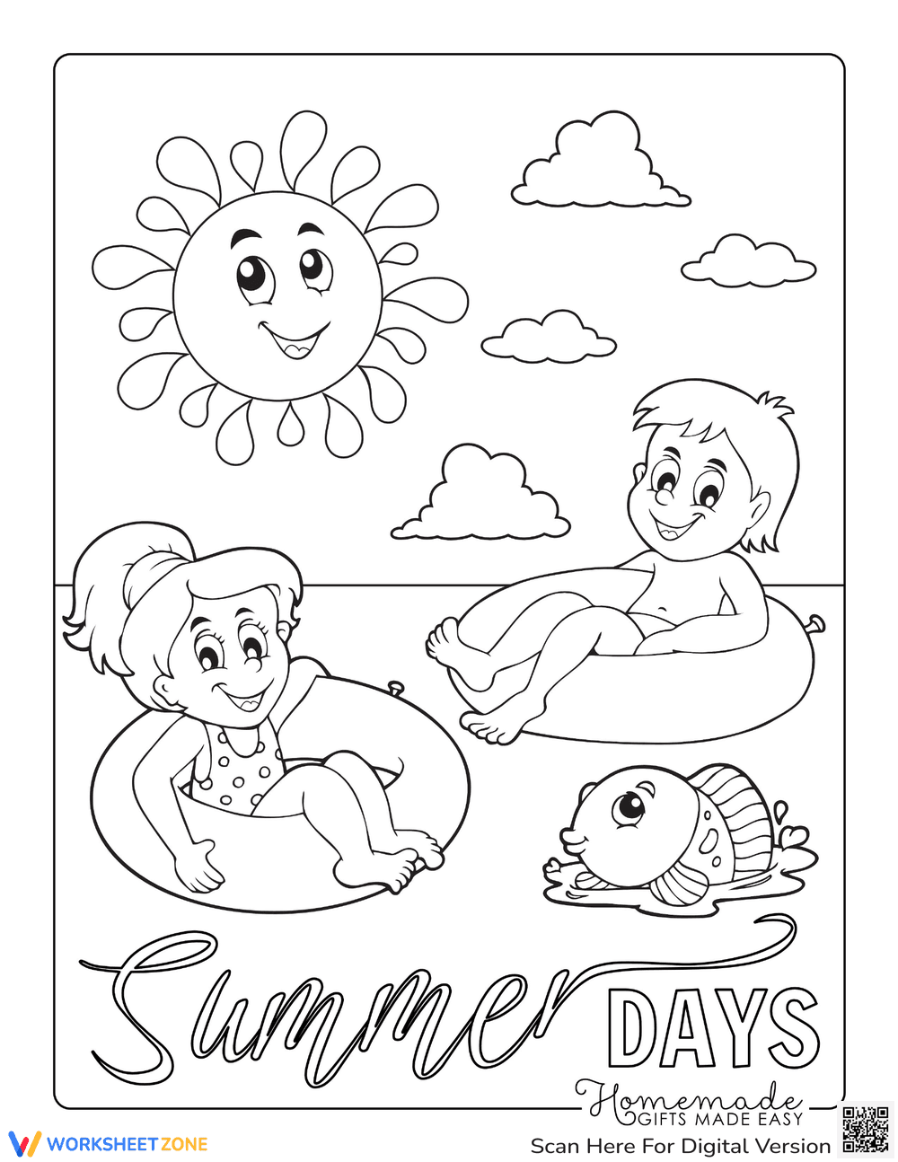 Children Tube Float Sea: Summer Coloring Fun - Page 1